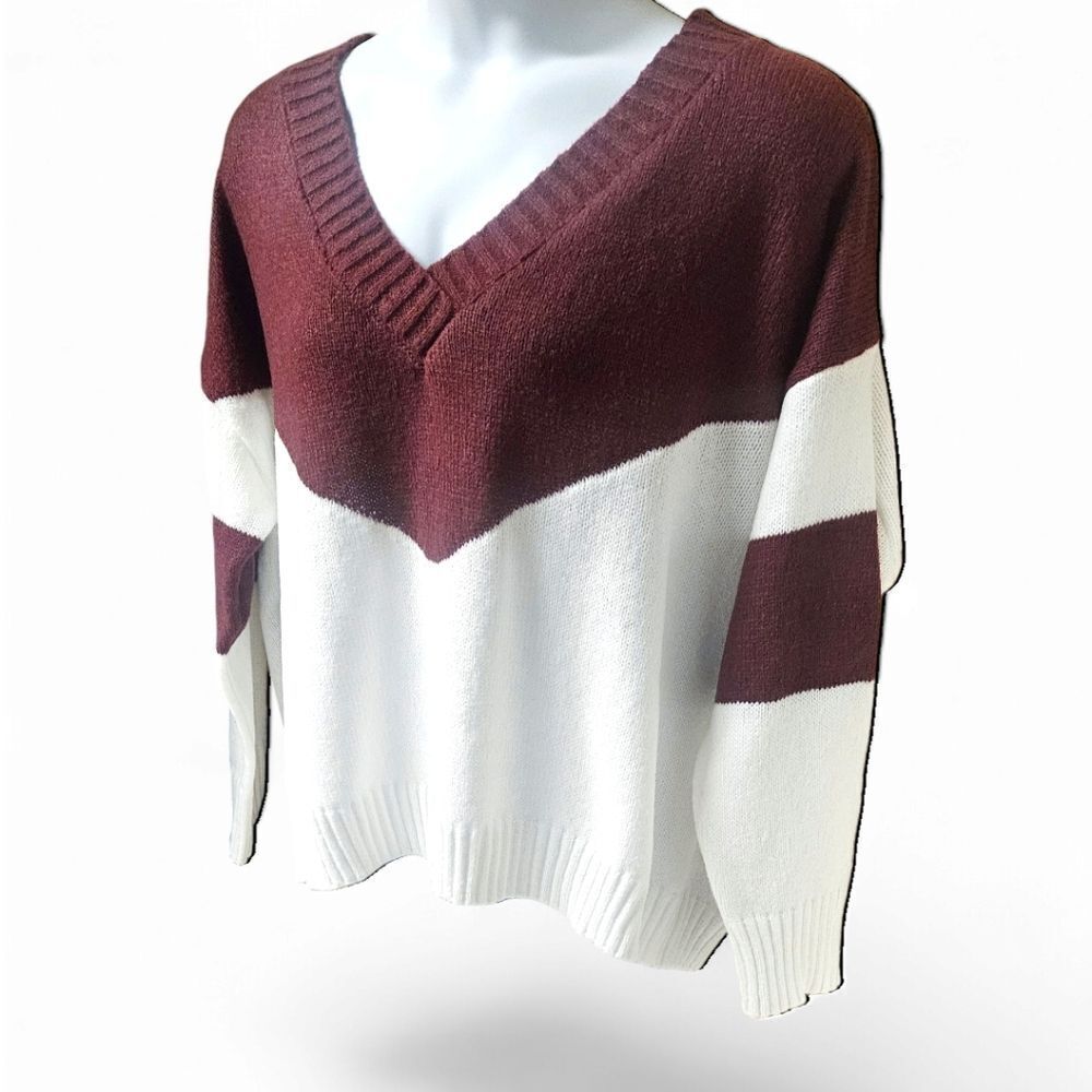 Plus Size Women's V- Neck LongSleeve Maroon & White Oversized Sweater 2X - Picture 4 of 11